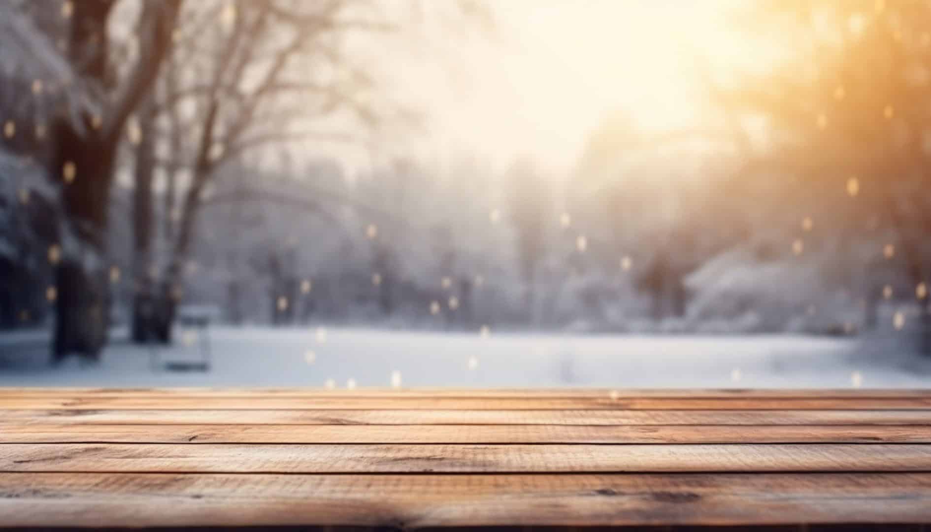 Empty Wooden Table In Front Of Winter Landscape Blurred Background