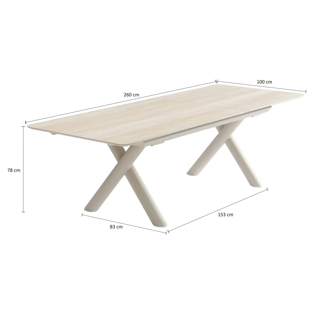 96921400 Belliami Tafel Uitschuifbaar 200:260x100cm Zand Afmetingen2hr