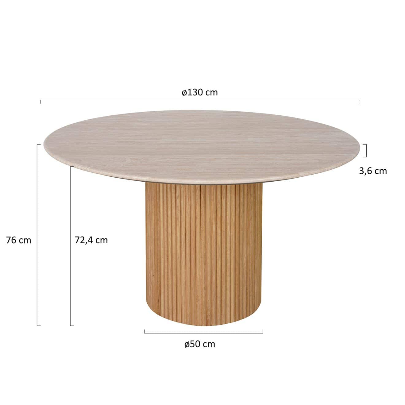 96415190 Bolzano Eettafel ø130 Naturel Marmer Travertine Afmetoing