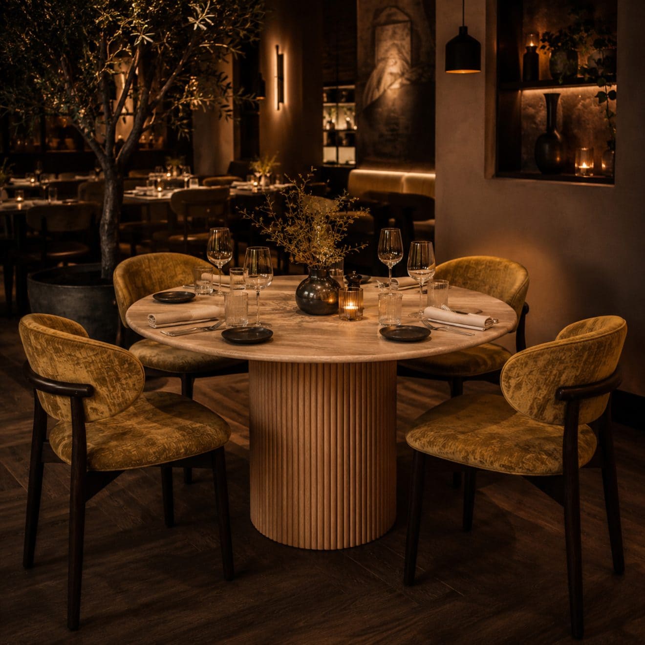 96415190 Bolzano Eettafel ø130 Naturel Marmer Travertine Sfeer 2